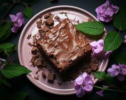 a piece of chocolate brownie on a plate with purple flowers generative ai photo