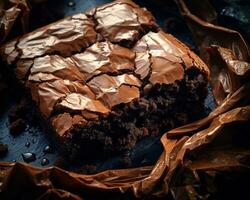 a piece of chocolate brownie is sitting on top of a piece of brown paper generative ai photo