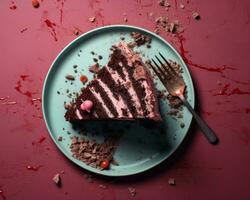 a piece of chocolate cake on a plate with a fork generative ai photo