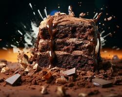 a piece of chocolate cake is being splashed with chocolate generative ai photo