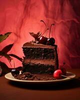 a piece of chocolate cake on a plate with cherries generative ai photo