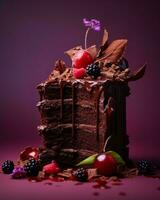 a piece of chocolate cake with berries and cherries generative ai photo