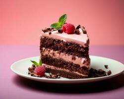 a piece of chocolate cake with chocolate frosting and raspberries generative ai photo