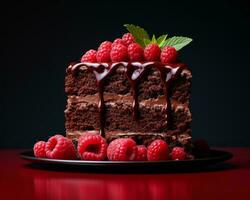 un pedazo de chocolate pastel con frambuesas en un negro plato generativo ai foto