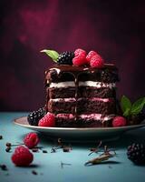 a piece of chocolate cake with raspberries and mint generative ai photo