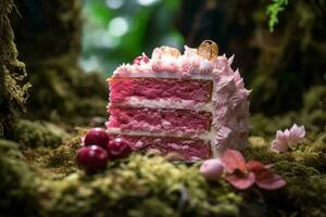 a piece of pink cake sitting on top of moss generative ai photo