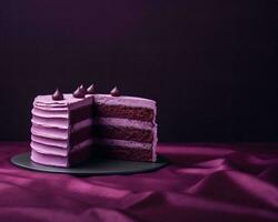 a piece of purple cake on a table with a slice missing generative ai photo