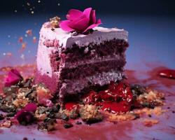 a piece of purple cake with a cherry on top generative ai photo