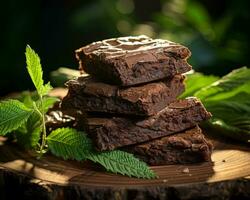 a pile of brownies with mint leaves on top generative ai photo