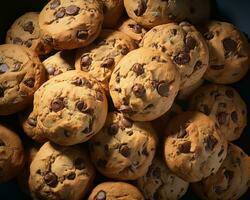 a pile of chocolate chip cookies on a black background generative ai photo