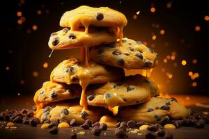 a pile of chocolate chip cookies with melted chocolate sauce generative ai photo