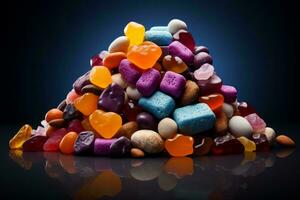 a pile of colorful candies on a dark background generative ai photo