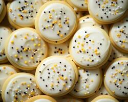 un pila de blanco y amarillo azúcar galletas con asperja generativo ai foto