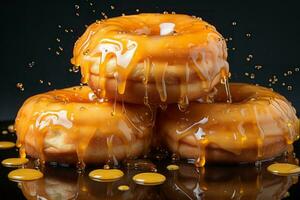 a pile of donuts covered in syrup and drizzled with syrup generative ai photo