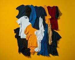 a pile of t - shirts on a yellow background generative ai photo