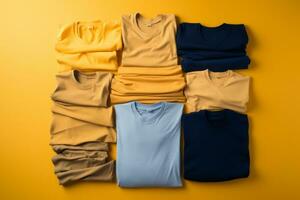 a pile of yellow and blue shirts on an orange background generative ai photo