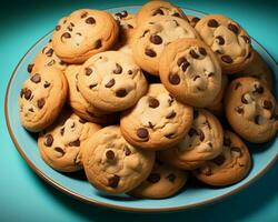 a plate full of chocolate chip cookies on a blue background generative ai photo