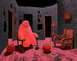 un rosado osito de peluche oso sentado en un silla en un oscuro habitación generativo ai foto