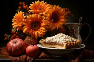 un plato con un tarta y flores siguiente a un taza de café y un florero de girasoles generativo ai foto