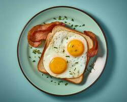 a plate with two eggs and bacon on it generative ai photo