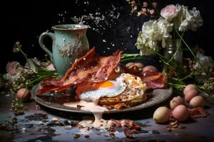 a plate with eggs bacon and a cup of coffee generative ai photo