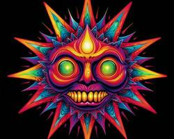 a psychedelic sun face with bright eyes on a black background generative ai photo