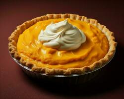 a pumpkin pie with whipped cream on top generative ai photo