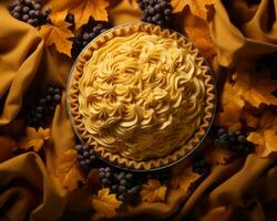 a pumpkin pie surrounded by autumn leaves generative ai photo