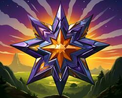 a purple star in the middle of a field with mountains in the background generative ai photo