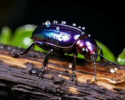 un púrpura escarabajo con agua gotas sentado en un pedazo de madera generativo ai foto