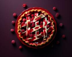 a raspberry pie on a dark background with raspberries scattered around it generative ai photo