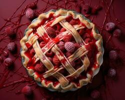 a raspberry pie on a red background with raspberries generative ai photo