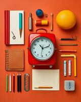 a red alarm clock surrounded by school supplies on an orange background generative ai photo