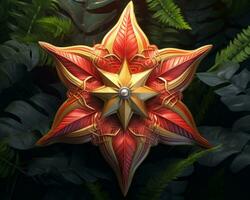 a red and gold star is surrounded by green plants generative ai photo