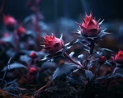 a red flower is growing in the dark generative ai photo