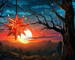 a red star hanging from a tree in the forest at sunset generative ai photo