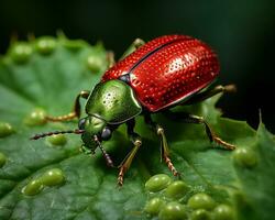 un rojo escarabajo en un verde hoja generativo ai foto