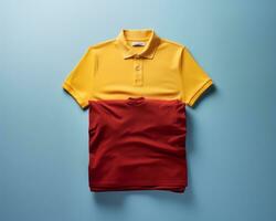 un rojo y amarillo polo camisa en un azul antecedentes generativo ai foto