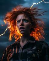 a red haired woman with lightning coming out of her hair generative ai photo