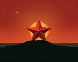 un rojo estrella en parte superior de un montaña a puesta de sol generativo ai foto