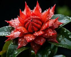 un rojo flor con agua gotas en eso generativo ai foto