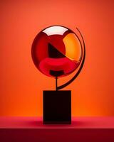 a red sphere on a black pedestal on an orange background generative ai photo