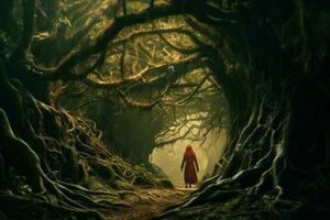 a red hooded woman walking through a dark forest generative ai photo