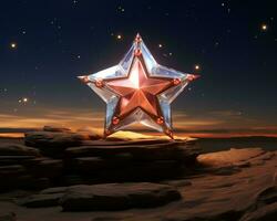 a red star on top of a rock in the night sky generative ai photo