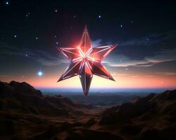 a red star on top of a mountain with stars in the sky generative ai photo