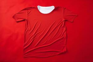 un rojo t - camisa en un rojo antecedentes generativo ai foto