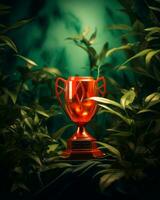 un rojo trofeo se sienta en el medio de algunos plantas generativo ai foto