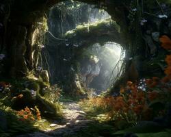 a scene from the video game the last of us showing a path through a forest with flowers and trees generative ai photo