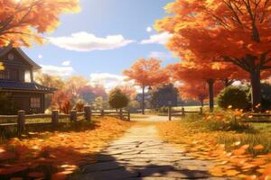 a scene from the game autumn leaves are on the ground and trees are in the background generative ai photo