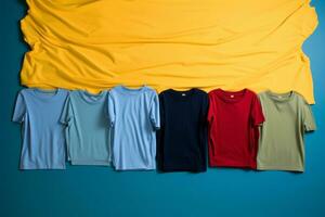 a row of colorful t - shirts on a blue background generative ai photo